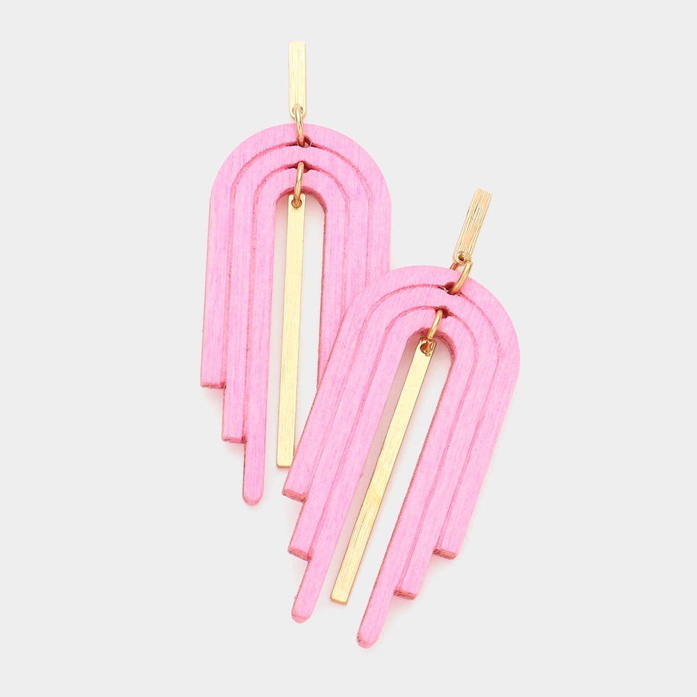 Curved wood pink and gold metal bar fashion earrings